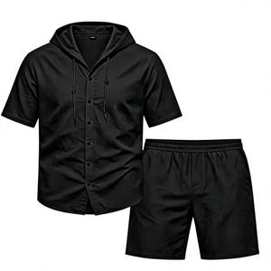 Men Solid Black Hooded Button-Up Shirt Set Short Sleeve Knitted Breathable Polyester/Cotton Quick Dry Casual Summer Outfit - Product Image 1