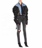 Chaqueta de contraste de mezclilla de cuero Nueva chaqueta de cuero de moda 100% Panel de corte y costura de cuero genuino Wash Denim