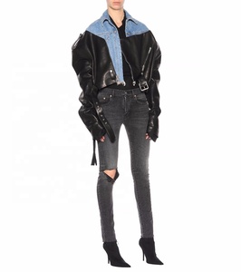 Veste contrastée en cuir denim Nouvelle veste en cuir à la mode 100% cuir véritable Panneau coupé et cousu Wash Denim - Product Image 2