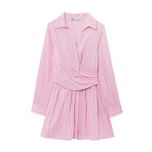 Women's Trendy Light <b>Pink</b> Summer Dresses Striped Pattern Shirt Collar Sleeveless <b>Wrap</b> Waist Pleated Skirt Mini Casual Breathable - Product Image 2
