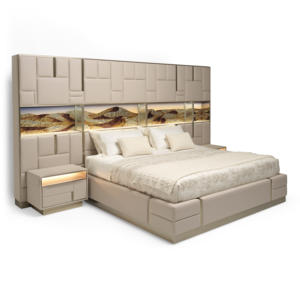 طقم سرير غرفة نوم إيطالي بحجم كينج من الجلد سرير مزدوج مع لوح أمامي بتصميم تخزين - Product Image 5