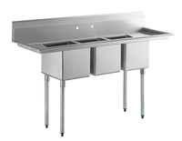 Évier de cuisine commercial en acier inoxydable SS304 à trois compartiments, évier utilitaire de préparation pour restaurant, autoportant, robuste