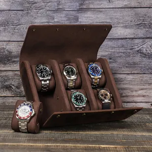 Nuovo orologio da viaggio Crazy Horse artigianale di alta qualità Roll Slide 6 Slot Vintage Real Leather Watch Box Display Case Organizer