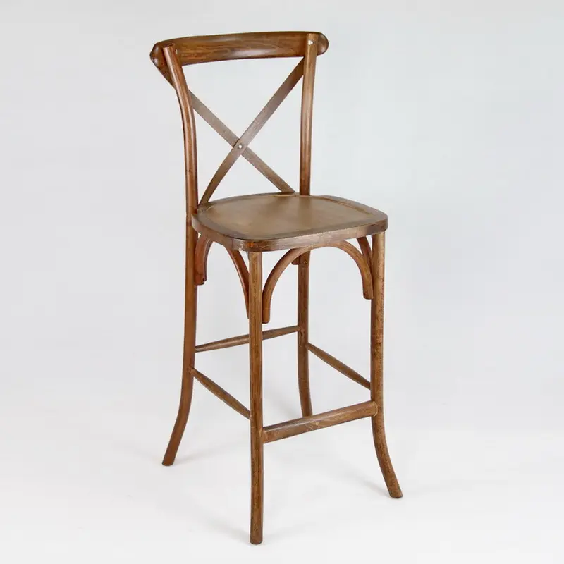 Échantillon gratuit cadre en acier moderne salle à manger croix chaise de bar empilable en bois massif tabouret haut chaise à dossier croisé