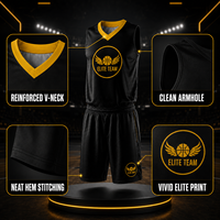 Maillot de basket-ball personnalisé sublimé, séchage rapide, respirant, noir et jaune, en polyester, pour hommes et jeunes, vente en gros
