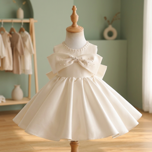 Robe de demoiselle d'honneur élégante en satin ivoire uni avec nœud et perles, robe de soirée de luxe pour filles, conception personnalisée OEM ODM - Product Image 3