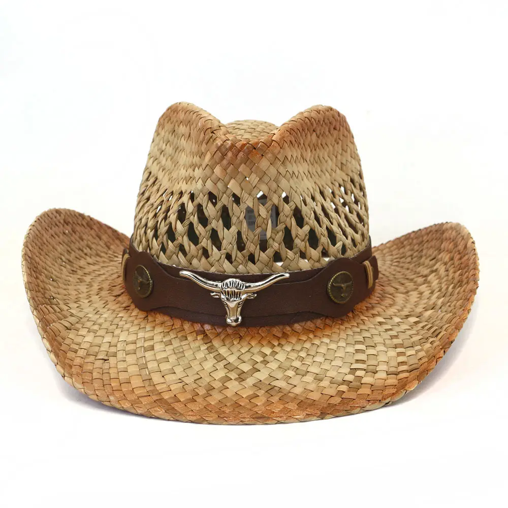 Custom Metal Logo Belt Men Woven Boho Western Cowboy Hat Vintage Straw Hat