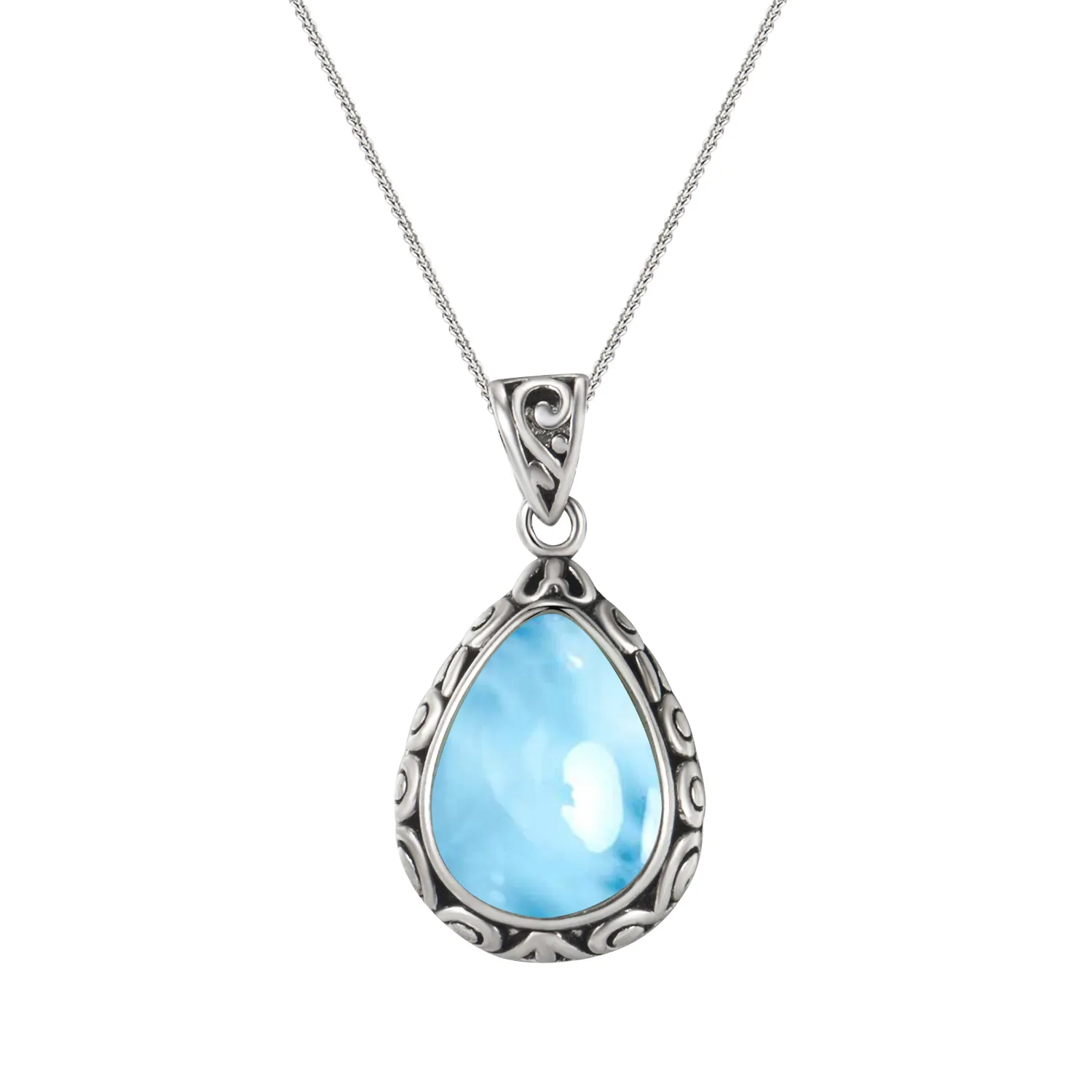 Larimar จี้รูป Larimar ของแท้,เครื่องประดับตัดลูกแพร์แนวแอนทีคสีน้ำเงินธรรมชาติรูปทรงหลังเบี้ยปี925