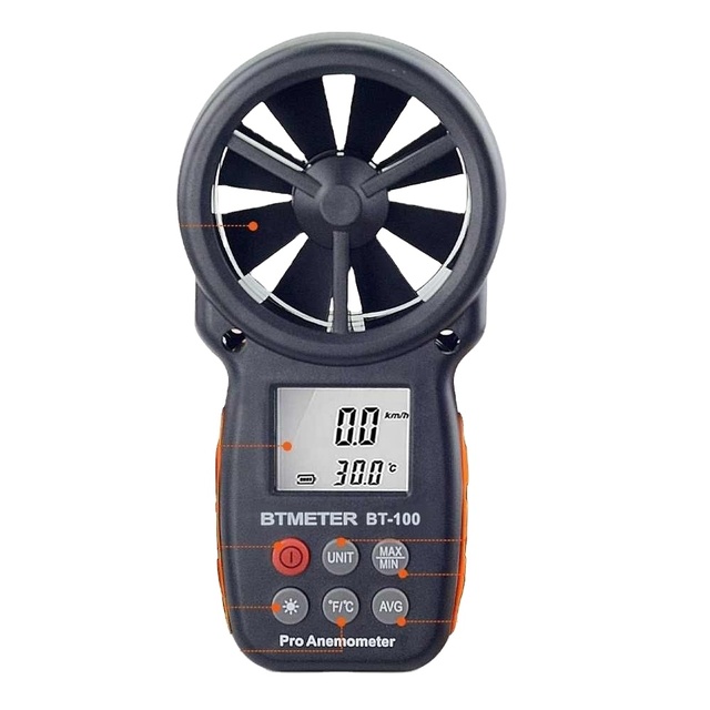 Wind Speed, Temperature and Wind Chill With Backlight LCD Digital Anemometer Handheld Wind Speed Meter BT-100 for Measuring