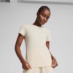 T-shirt pour femme Puma, beige, col rond côtelé, manches courtes, vêtement décontracté - Product Image 2