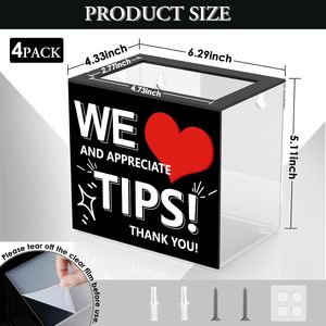 4 PCS 6 X 4 X 5 Inch Acrylic <strong>Tip</strong> <strong>Jar</strong> Box for Bartenders Restaurants Musicians Drivers-Donation Suggestion Collection Container