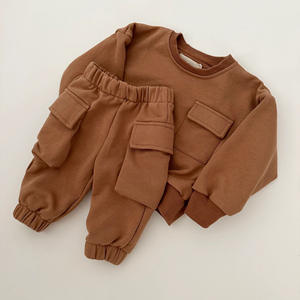 儿童秋冬纯色运动服长裤男童羊毛宽松圆领运动衫两件套 - Product Image 3