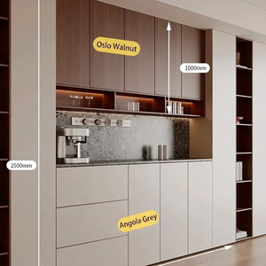 Armoire de rangement moderne en bois pour salle à manger avec éclairage LED chaud, plusieurs étagères, tiroirs, armoires fermées, design mural personnalisé - Product Image 2