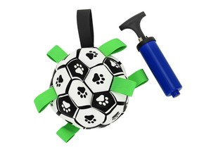 [Toprate] Jouet <span class=keywords><strong>pour</strong></span> <span class=keywords><strong>chien</strong></span> classique taille 2, balle de poursuite <span class=keywords><strong>pour</strong></span> animaux de compagnie, 32 panneaux cousus, sangle en PU/Nylon, clochette, non toxique, facile à nettoyer - Product Image 5