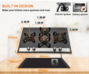 Black Tempered Glass 4 Burner Built in Gas <b>Stove</b> With Cast Iron Pan Support Cooktop - Product Image 3
