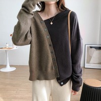 Nouveau Cardigan en Maille Asymétrique à Boutons Diagonaux Color Block pour Femme, Collection Printemps-Automne 2026, Style Coréen Oversize à Manches Longues, Vente en Gros