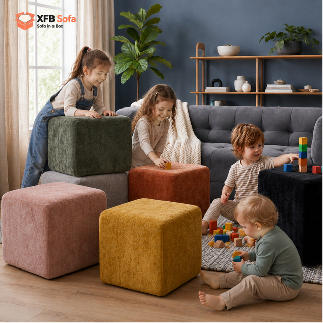 FunCube Modular Kids Play Sofa Vacuum Compressed Foam Puzzle Building Blocks Educational Fun Footrest Ottoman for Children