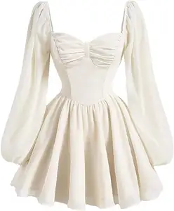 Women's Long Sleeve Sweetheart Neck Lantern Sleeve Ruched Bust Ruffle Trim Mini Dress