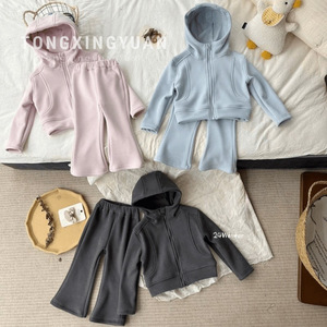 Tongxingyuan Girls' Hooded Zipper Sweatshirt Set Thickening Cotton Solid Color Two-Piece Outfit Autumn Winter Kids Clothing - Product Image 1