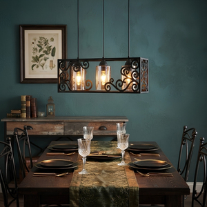 Suspension linéaire à 3 lumières en métal noir mat avec motifs ajourés élégants pour îlot de cuisine - Product Image 5