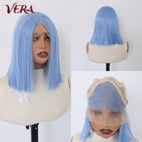 Wig Rambut Sintetis Premium Futura Fibra HD 13*4 Lace Front Tahan Panas, Wig Bob Pendek Biru Realistis