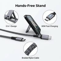 Câble tressé 2-en-1 60W à charge rapide Type C vers C avec support de téléphone réglable mains libres pour jeux et visualisation sur mobile – Vente en gros