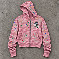 Sweat à capuche zippé pour homme avec strass, style streetwear oversize, orné de cristaux, motif camouflage, logo personnalisé