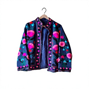 Chaqueta de Mujer de Algodón Bordada con Flores Hecha a Mano, Chaqueta Abierta de Manga Larga, Estilo Bohemio Informal para Invierno - Product Image 1