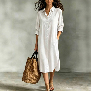 Abito Casual da Donna per Vacanze, Tinta Unita con Colletto a Risvolto, Chiusura Monopetto e Tasche, per Uso Quotidiano e Pendolarismo, Moda Femminile - Product Image 3