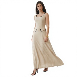 Elegent Beige <b>Maxi</b> <b>Dress</b> Spaghetti Strap Contrast Trim <b>Pockets</b> Sheath Silhouette Formal Elegant Woven Fabric Breathable <b>Dress</b> - Product Image 2
