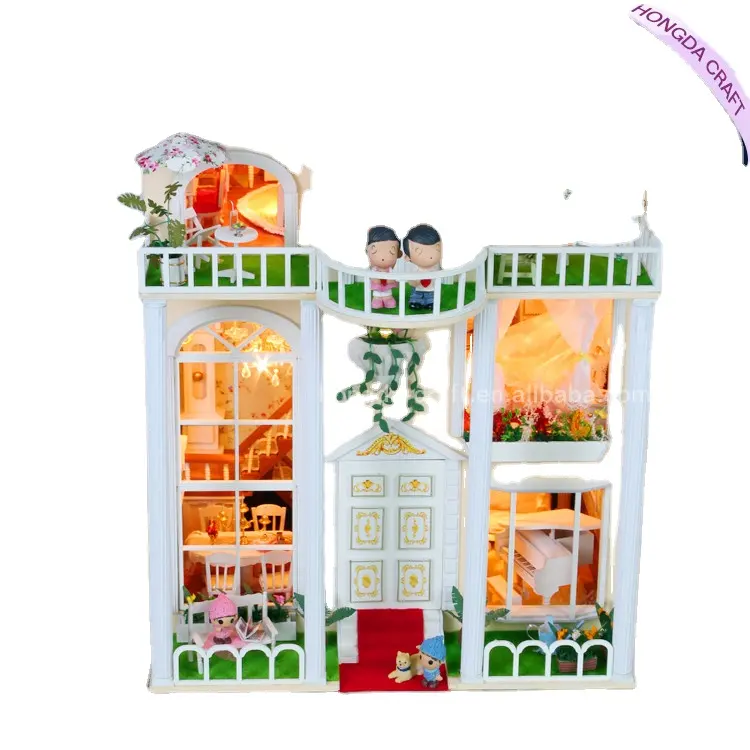 Groothandel Met Licht Diy Houten Miniatuur Dollhouse Items Kids Huis Miniatuur Hout Ambachten Huizen