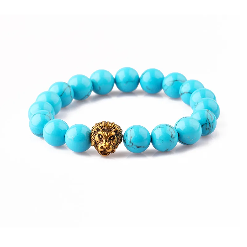 Jolis bijoux pierres précieuses perle lion roi bracelet à breloques turquoise pierres naturelles perlées bijoux de mode pour hommes