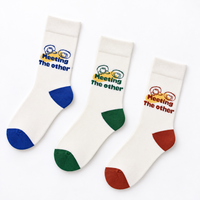 Chaussettes blanches personnalisées avec bout et talon bleus, motif tricoté graphique de dessin animé, ajoutez votre logo, OEM ODM, faible MOQ et emballage personnalisé