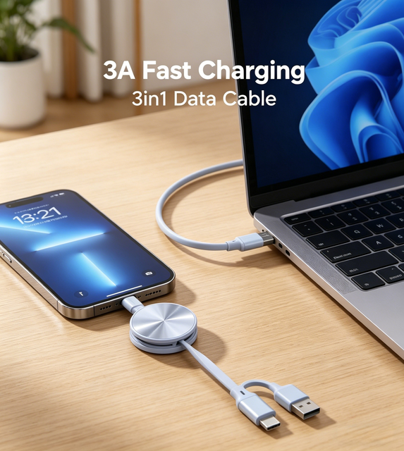 2026 New 3A 3in1 Fast Charging Data Cable Flexible Eco-Friendly Multi-Device