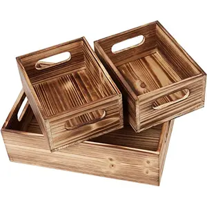 Stackable wooden cases for storage display, nesting boxes, home decoration containers with hollow handles