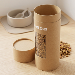 Boîte en carton cylindrique recyclable pour aliments pour animaux de compagnie avec fenêtre transparente pour équipement de pêche, produits de plein air et petits cadeaux - Product Image 1