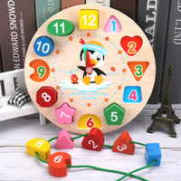Jouet d'apprentissage Montessori pour enfants : Horloge numérique géométrique en bois avec perles, animaux de dessin animé, puzzles et gadgets d'association