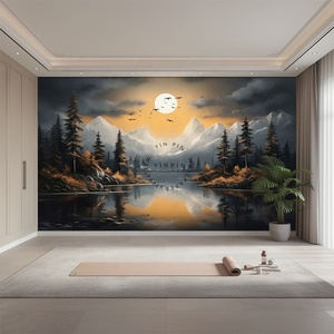 Mural Autoadhesivo de Vinilo con Diseño de Lago, Árboles Navideños Dorados, Montañas Grises, Nubes, Sol <span class=keywords><strong>y</strong></span> Pájaros, Papel Tapiz de Paisaje de Arte Moderno - Product Image 4
