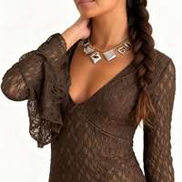 Oferta 2026: Vestido Mini Ecológico de Manga Larga con Escote en V Profundo y Encaje, Estilo Sexy y Moderno para Mujer, Primavera/Verano