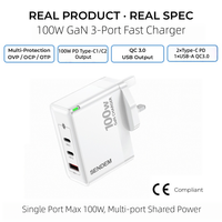 Chargeur GaN 100W PD Prise UK 3 Ports Double Type-C USB QC3.0 AC110-240V Compact Mini pour Ordinateur Portable Téléphone YG511