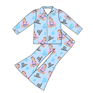 Pantalones acampanados con cintura elástica y un solo botón de manga larga para niñas pequeñas al por mayor, ropa de dormir familiar suave a juego para mamá e hija - Product Image 4
