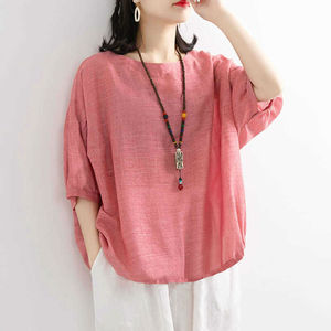 Women's Loose Solid Color Imitation Cotton <b>Linen</b> Short Sleeve T-Shirt <b>Top</b> Casual Summer <b>Plus</b> <b>Size</b> Pink - Product Image 1