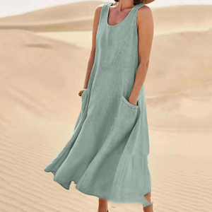Robe <span class=keywords><strong>Bohème</strong></span> Moderne pour <span class=keywords><strong>Femme</strong></span> Sans Manches Taille Mi-Haute Silhouette Évasée en Mélange Coton-Lin avec Poche et Imprimé Thème Océan - Product Image 3
