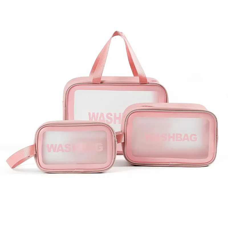 Vente en gros Organisateur de rangement de toilette en PVC transparent rose Trousse de toilette portable étanche Trousse de maquillage de voyage transparente personnalisée