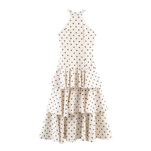 Vestido maxi halter con estampado de lunares y volantes para mujer, sin mangas, corte A, holgado, informal, de verano, tejido. - Product Image 1