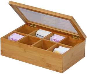 Natural 8 Adjustable Chest Compartments Bamboo Tea Box Storage Organizer