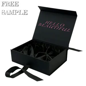 Black Luxury Logo Custom Magnetic Flap Lid Large Pretty Pink Satin Lined Gift Packaging Boxes For Wigs