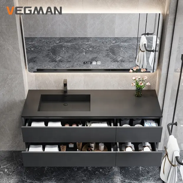 Tocador de baño sin manos, personalizado, melamina, color gris oscuro, impermeable, un solo lavabo, gran oferta