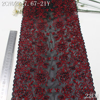 Vente en gros de dentelle extensible noire de 22 cm avec des fleurs rouges, tissu en maille élastique écologique pour sous-vêtements et lingerie féminine