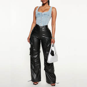 2413 Pantaloni Neri da <span class=keywords><strong>Donna</strong></span> OEM, Logo Personalizzato, Pantaloni <span class=keywords><strong>Cargo</strong></span> in Ecopelle Taglie Forti - Product Image 4